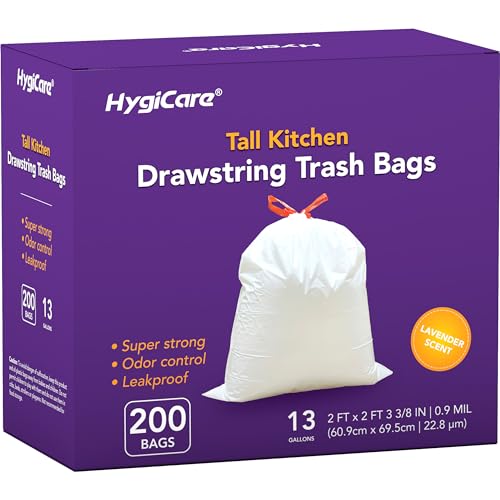 HygiCare 13 Gallon Tall Kichen Trash Bags, Lavender Scented 200 Count Drawstring Garbage Bags, Pre-Separated, Odor Control, Ultra Strong, Leakproof, Sturdy, White