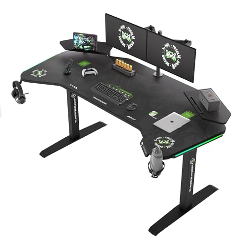 X-WIN 63' Standing Gaming Desk, Wing-Shaped Computer Desk with Full Coverage Mouse Pad, Electric Height Adjustable Standing Desk with RGB LED Lights and Slot Design Shelves for Home Office