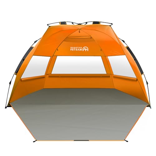 OutdoorMaster Pop Up Beach Tent for 4 Person - Easy Setup and Portable Beach Shade Sun Shelter Canopy with UPF 50+ UV Protection Removable Skylight Family Size - Orange