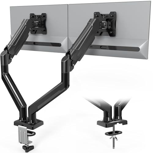 BONTEC Dual Monitor Stand, Adjustable Gas Spring Monitor Desk Mount for 13-32 Inch Screens, Full Motion VESA Mount with C Clamp, Grommet Base, Tilt, Swivel, Rotation, Each Arm Holds 6.6 to 19.8lbs