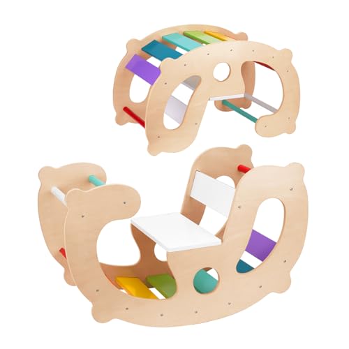 OOOK 2 in 1 Rainbow Climbing Toys - Pikler Montessori Climbing Set, Wooden Rocking Horse Toy, Children Indoor Outdoor Play Gym Learning Playset, Playground for Kids Present