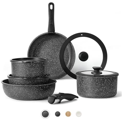 CAROTE 11pcs Nonstick Cookware Set With Detachable Handle, Induction Kitchen Sets Non Stick, Removable Handle, RV Oven Safe, Black