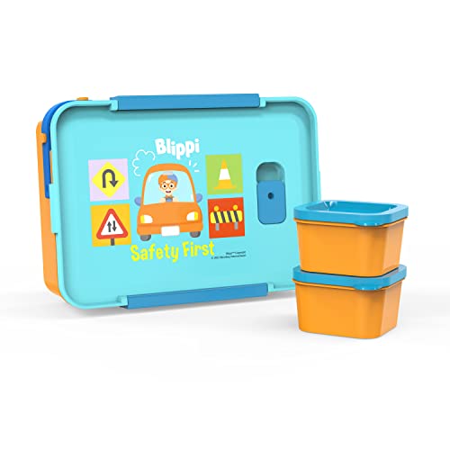 Zak Designs Blippi Reusable Plastic Bento Box with Leak-Proof Seal, Carrying Handle, Microwave Steam Vent, and Individual Containers for Kids' Packed Lunch (3-Piece Set)