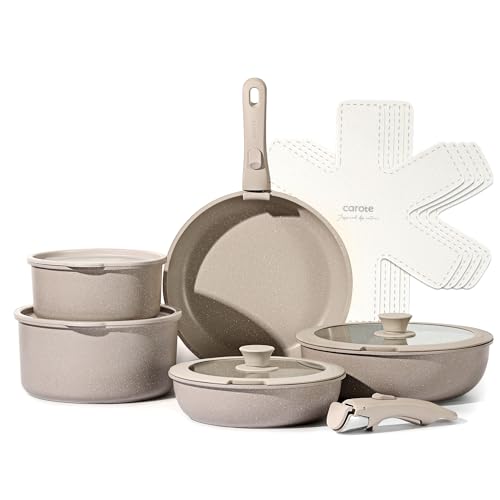 CAROTE Pots and Pans Set, Nonstick Cookware Set Detachable Handle, 15pcs Kitchen Cookware Sets Non Stick with Removable Handle, Induction RV Cookware Set, Oven Safe, Taupe