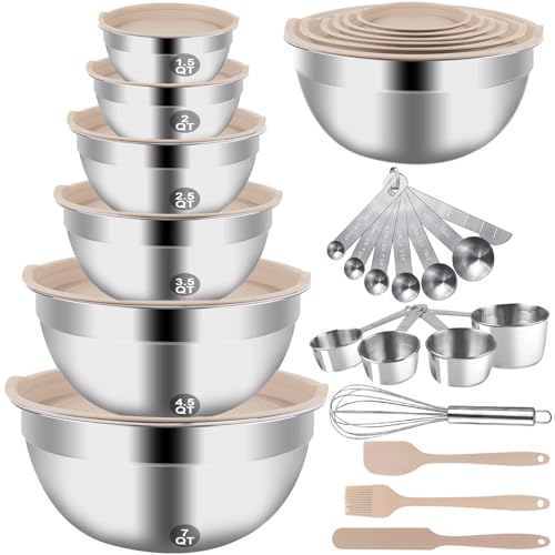 WEPSEN Mixing Bowls Set, 27PCS Khaki Mixing Bowls With Lids Set Stainless Steel Kitchen Large Nesting Metal Bowl 7QT to 1.5QT, Measuring Cups and Spoons for Prepping Cooking Serving