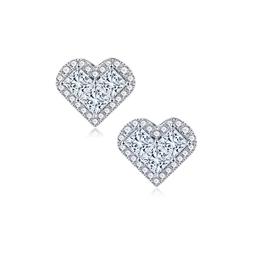 1.6ct Moissanite Earrings for Women, D Color VVS1 Clarity Lab Created Princess Cut Heart Moissanite Stud Earrings S925 Sterling Silver Statement Earrings Moissanite Stud Earrings Gifts for Women