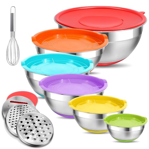 Eallpha Mixing Bowls with Lids Set Airtight, 6 Piece Stainless Steel Nesting Bowls with 4 Grater Attachments, Non Slip Bottoms Kitchen Cooking and Serving Food, Size 5.5, 4, 2.5, 2.1, 1.5, 1.2 QT