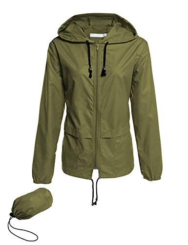 Avoogue Lightweight Raincoat Women's Waterproof Windbreaker Packable Outdoor Hooded Rain Jacket Army Green M