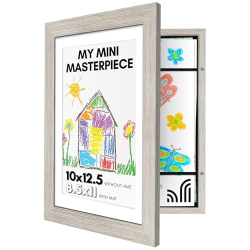 Americanflat 10x12.5 Kids Art Frame - Front Loading Picture Frame - Use as 8.5x11 Frame with Mat or 10x12.5 Frame Without Mat - My Mini Masterpiece - Holds 100 Artworks - Driftwood