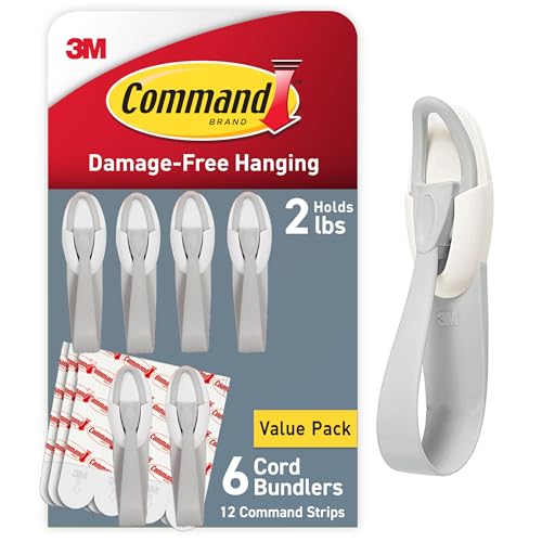 Command Cord Bundlers, Damage Free Hanging Cord Organizer, No Tools Cord Bundler for Hanging Electrical Cables of Christmas Decorations, 6 Gray Cord Bundlers and 12 Command Strips