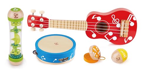 Hape Mini Band Instrument Set | Five Piece Wooden Instrument Music Set for Kids, Red