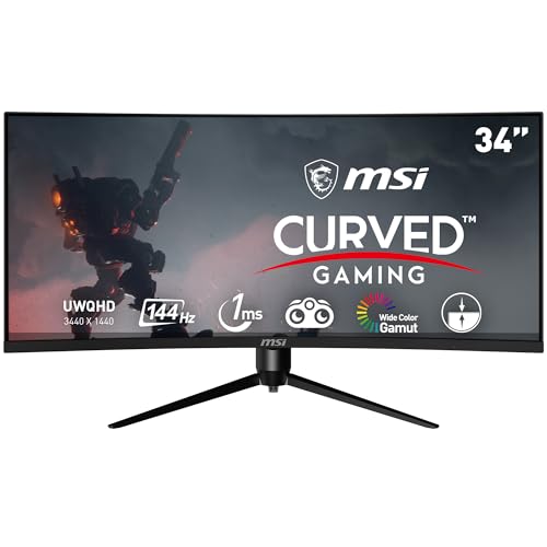 MSI Optix MAG342CQR 1500R Curvature 21:9 Aspect Ratio Narrow Bezel 1ms 3440 x 1440 (UWQHD) 144Hz Refresh Rate Tilt/Swivel/Height/Pivot Adjustment 34' AMD Freesync Gaming Curved Monitor, Black