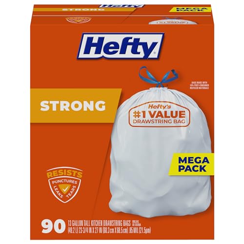 Hefty Strong Tall Kitchen Trash Bags, Unscented, 13 Gallon, 90 Count