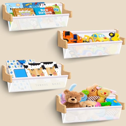 Kids Bookshelf, Nursery Book Shelves Set of 4, Wood Floating Book Shelf for Kids Rooms, Kids Book Rack Storage Bookshelf with Deep Sleeves for Kids Bedroom Toddler Room Decor Book and Toy Organizer