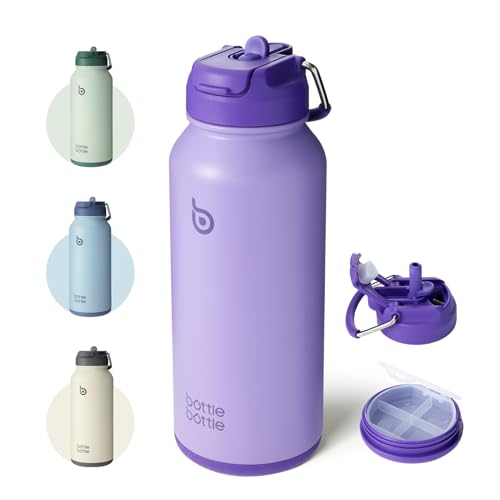 BOTTLE BOTTLE 32oz Insulated Water Bottle Stainless Steel Sport Water Bottle with Straw Dual-use Lid Design for Gym with Pill Box (dark purple)