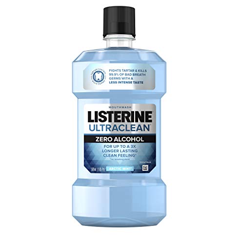 Listerine Ultraclean Zero Alcohol Tartar Control Mouthwash, Oral Rinse to Help Fight Bad Breath and Tartar, for Cleaner, Naturally White Teeth, Less Intense Arctic Mint taste, 500 mL