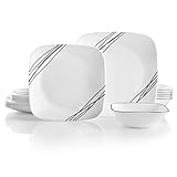 Corelle Vitrelle 18-Piece Service for 6 Dinnerware Set, Triple Layer Glass and Chip Resistant, Lightweight Square Plates and Bowls Set, Simple Sketch