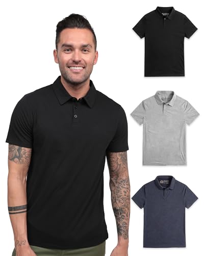 INTO THE AM Essential Polo Shirts for Men 3 Pack - Collared Shirt Men Fitted Short Sleeve Classic Golf Collar Shirts Multipack (Black/Grey/Navy, Medium)