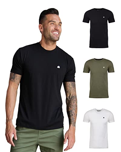 INTO THE AM Men's Fitted Crew Neck Logo Basic Tees 3-Pack - Modern Fit Fresh Classic Short Sleeve T-Shirts for Men (Black/Olive Green/White, Medium)