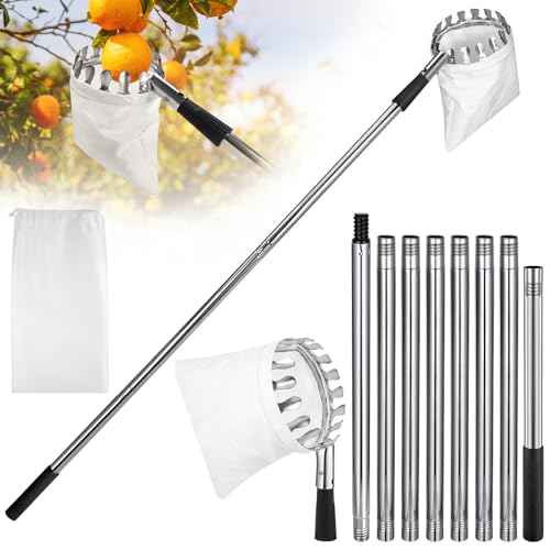 Fruit Picker Pole with Basket Telescoping, 11.5FT Adjustable Fruits Picker Tool with Lightweight Stainless Steel Pole and Big Non Woven Basket Fruits Catcher Tree Picker for Apples Mango Lemon Orange