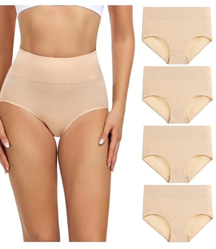 wirarpa Women's Cotton Postpartum Underwear High Waisted Ladies Panties Full Coverage Briefs 4 Pack Beige Small