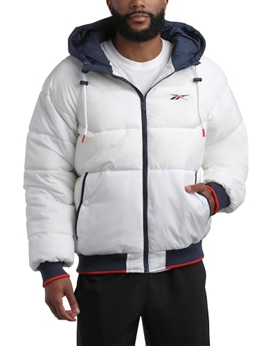 Reebok Men's Puffer Jacket - Heavyweight Weather Resistant Quilted Puffer Coat Rib Cuff - Ski Jackets for Men (Sizes: M-XXL), Size Large, White