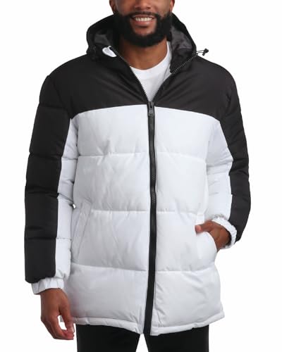 Perry Ellis Men's Jacket - Bubble Puffer Windbreaker Ski Jacket with Hood (Size: S-XXL), Size Large, Black/White