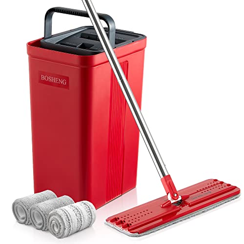 BOSHENG Mop and Bucket with Wringer Set, Flat Floor Mop and Bucket, with 3 Microfiber Mops for Floor Cleaning, Wet and Dry Use for Household Cleaning - Red