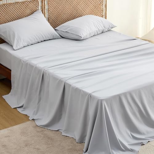 Bedsure Cooling Sheets for Queen Size Bed Set, Polyester & Rayon Derived from Bamboo, Breathable & Wrinkle Free, Silky Soft with 16 Inch Deep Pocket Bed Sheets - Light Grey