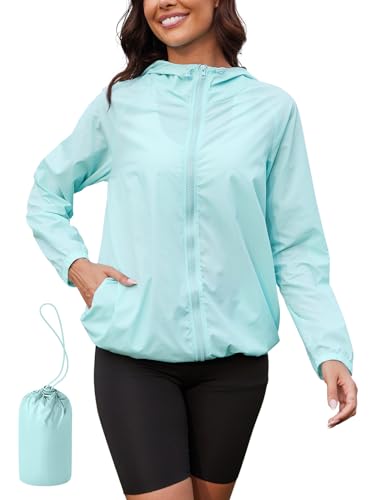 PITINAN Hiking Rain Jacket Women Packable Lightweight Windbreaker Jacket Women Waterproof Rain Jacket Lightweight Outdoor Windbreaker Rain Coat Shell for Hiking, Travel Light Blue M