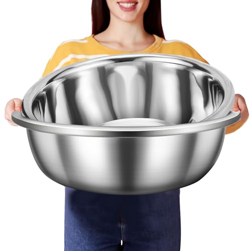 FillTouch 2 Pack Large Mixing Bowl Oversized All Purpose 304 Stainless Steel Bowls Polished Mirror Metal Bowl Flat Base Bowl for Home or Commercial Prepping Baking Mixing Marinating (8qt)