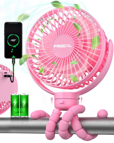 FRIZCOL Portable Stroller Fan, Use As Power Bank, 55H 12000mAh Battery Operated Fan Flexible Tripod Baby Car Seat Fan, Personal Mini Handheld/Desk/Small Clip On Fans For Stroller, Carseat (Pink)