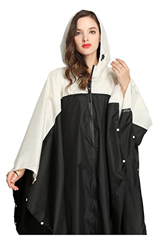 Womens Rain Poncho Stylish Polyester Waterproof Raincoat Free Size with Hood Zipper (black white)