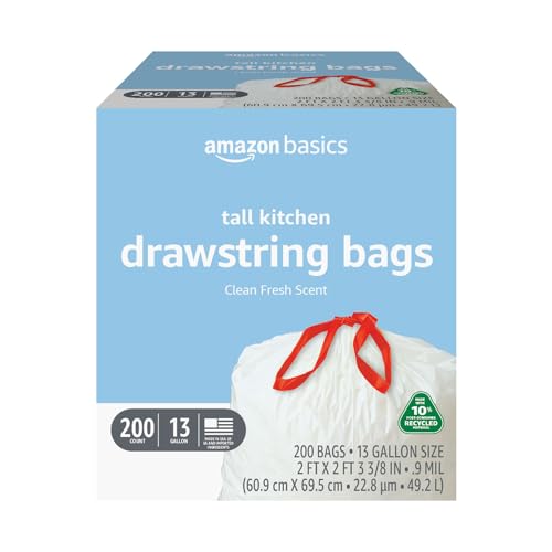 Amazon Basics - Tall Kitchen Trash Bags, 13 Gallon, 10% Post Consumer Recycled Content, Clean Fresh Scent, 200 Count, Pack of 1