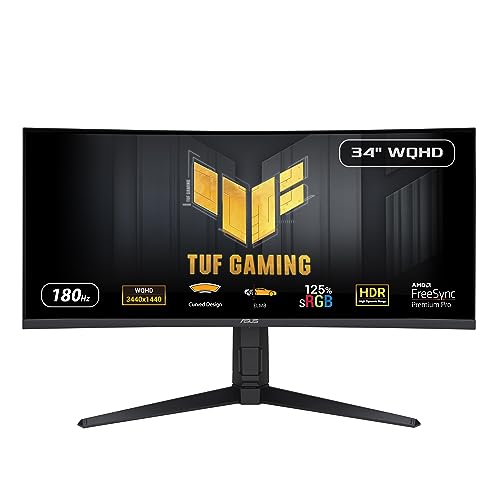 ASUS TUF Gaming 34” 1440P 1500R Curved Monitor (VG34VQL3A) - QHD (3440 x 1440), 180Hz, 1ms, Extreme Low Motion Blur, Freesync Premium Pro, 125% sRGB, DisplayHDR 400, Height Adjustable, 3 year warranty