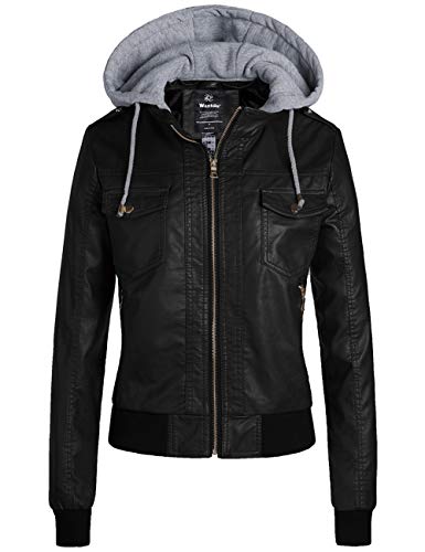 wantdo Women's Faux Leather Motorcycle Jacket with Hoodie Windbreaker Black XL