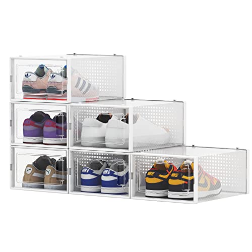 Verybegin 6-Pack Large Shoe Storage Boxes, Shoe Organizer, Clear Plastic Shoe Boxes, Shoe Containers Sneaker Storage, Stackable, Breathable, Space Saving, Fit up to US Size5-10(13.1'x9'x5.5'), White