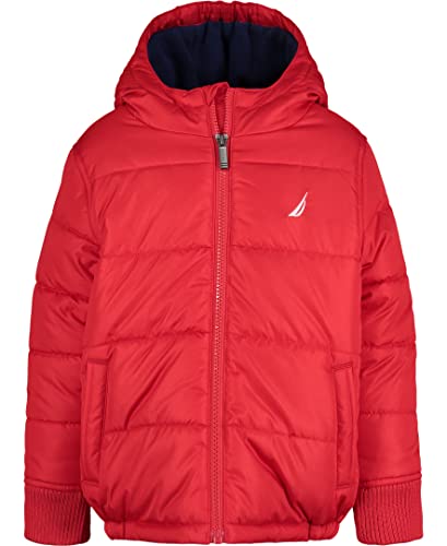 Nautica Boys' Heavy Weight Hooded Bubble Jacket with Polar Fleece Lining, Carmine/Navy, 4