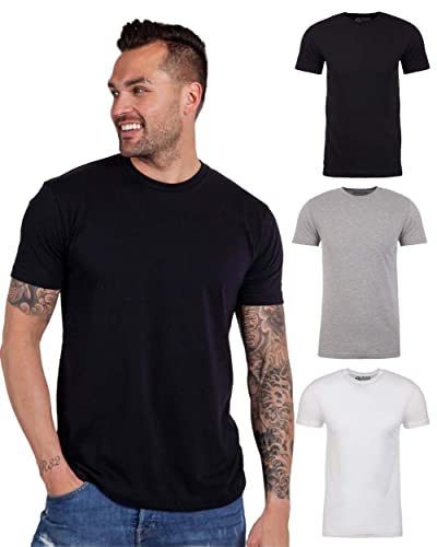 INTO THE AM Premium Men's Fitted Crew Neck Plain Essential Tees 3-Pack - Modern Fit Fresh Classic Short Sleeve T-Shirts for Men (Black/Grey/White, Medium)