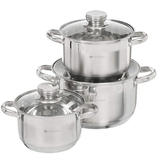 Daniks Standard Stainless Steel Kitchen Induction Pot Cookware Set | 6-Piece | Dishwasher Safe Pots | 2 Quart + 3 Quart + 4 Quart | Measuring Scale | Silver