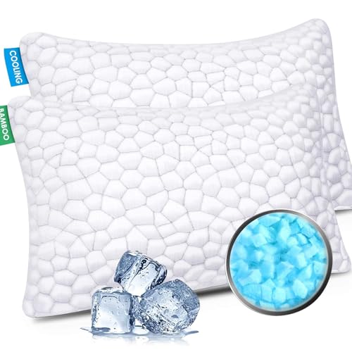 Cooling Bed Pillows for Sleeping 2 Pack Shredded Memory Foam Pillows Adjustable Cool Pillow for Side Back Stomach Sleepers Luxury Gel Pillows Queen Size Set of 2 with Washable Removable Cover