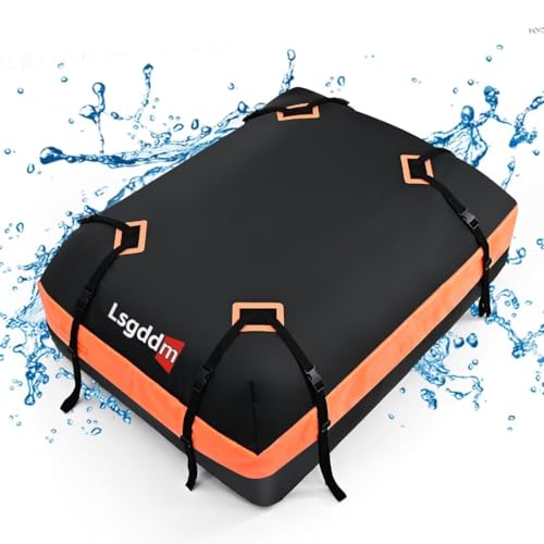 Lsgddm Car Top Carrier, Waterproof Soft-Shell Roof Bag, 15 Cubic Feet Rooftop Luggage Bag for All Vehicles with/Without Rack, Includes Anti-Slip Mat, 4 Door Hooks, Luggage Lock