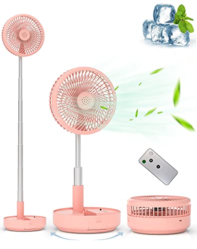 Primevolve Portable Oscillating Standing Fan,Rechargeable Battery Operated USB Floor Table Desk Fan with Remote, 4 Speed Settings Pedestal Fans for Bedroom Office Camping Fishing Travel Pink 7.7'