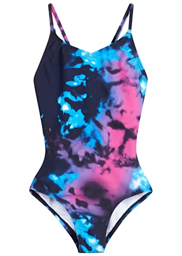 Kanu Surf Girls Beach Sport UPF 50+ 1-Piece Swimsuit, Hurricane Black/Pink, 14