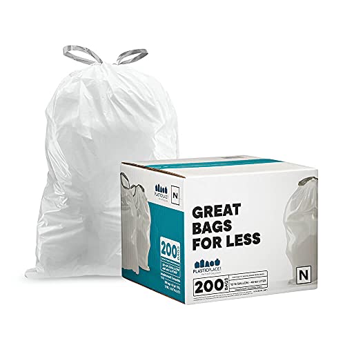 Plasticplace Custom Fit Trash Bags, Compatible with Simplehuman Code N (200 Count) White Drawstring Garbage Liners 12-13 Gallon / 45-50 Liters, 22.5' x 31.5'