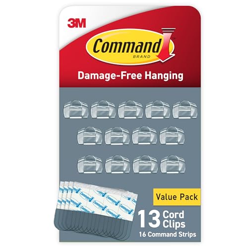 Command Round Cord Clips, Damage Free Hanging Cable Clips, No Tools Wall Clips for Hanging Electrical Cables, 13 Clear Cord Clips and 16 Command Strips