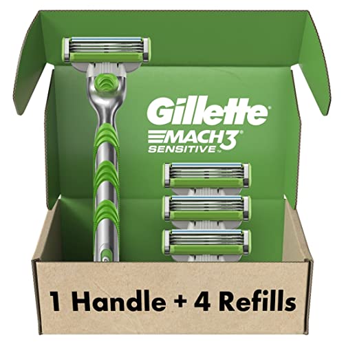 Gillette Mach3 Sensitive Razors for Men, 1 Gillette Razor, 5 Razor Blade Refills, Designed for Sensitive Skin