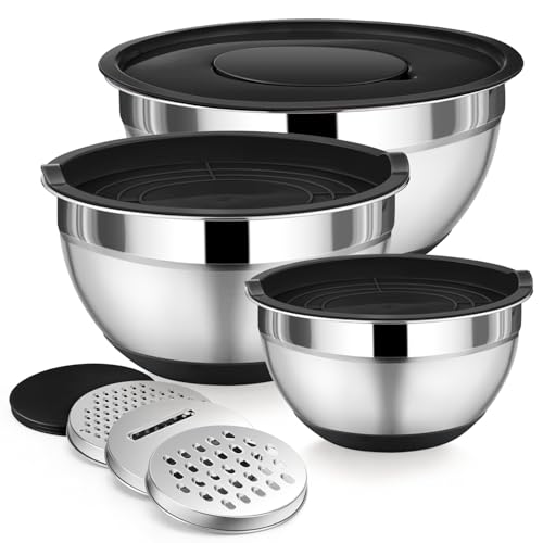 P&P CHEF Mixing Bowl with Black Lids Set of 3, Stainless Steel Nesting Salad Bowls for Serving Preparing, 3 Grater Attachments & Non-Slip Bottoms, Size 1.5/2.6/4.6 QT