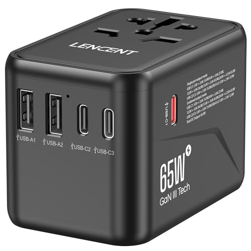 LENCENT Universal Travel Adapter, GaN III 65W International Charger with 2 USB Ports & 3 USB-C PD Fast Charging, All in One Outlet Adaptor for iPhone,Laptops, Type A/C/G/I (USA/UK/EU/AUS)