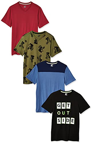 Amazon Essentials Toddler Boys' Short-Sleeve V-Neck T-Shirt Tops (Previously Spotted Zebra), Pack of 4, Red/Blue/Black, 4T